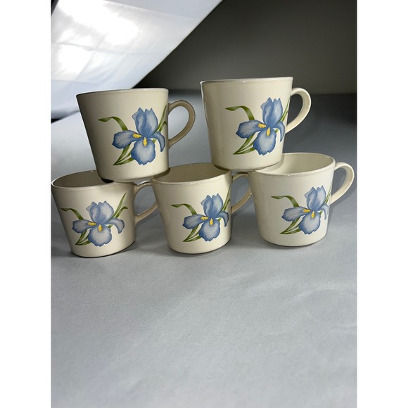 Corning Other - Vintage Corning Blue Iris Coffee Mugs Set of 5 Floral Tea Cups Creamy White